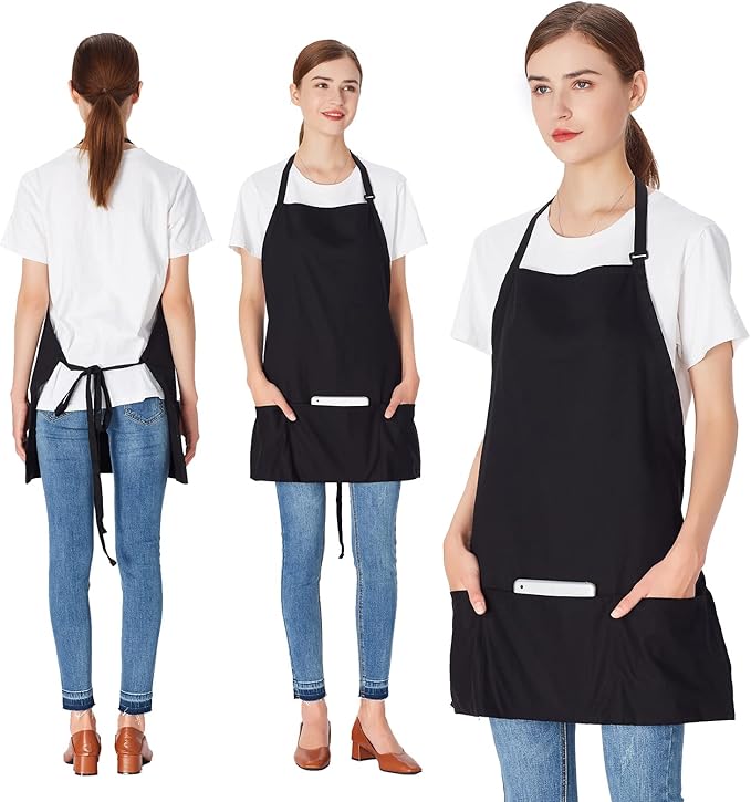 Jubatus 2 Pack 3 Pockets 100% Cotton Adjustable Bib Apron Chef Kitchen Cooking - Image 3
