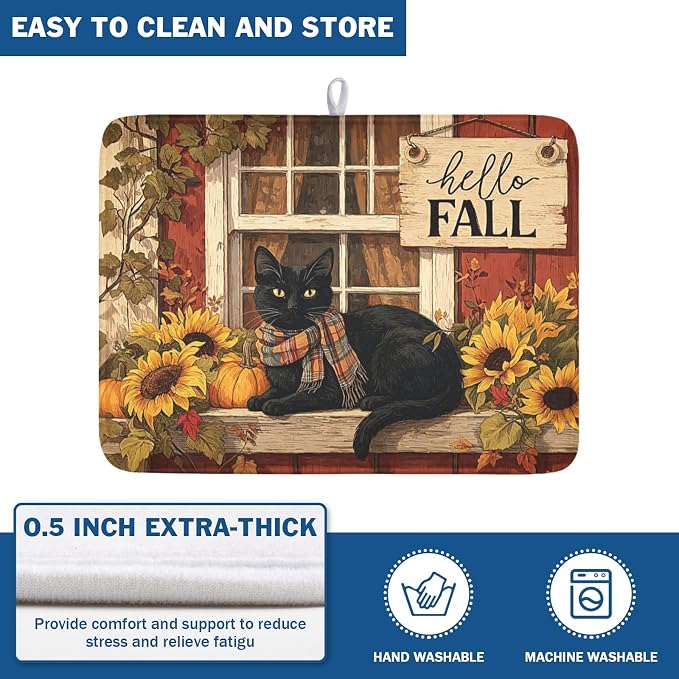 Fall Dish Drying Mat for Kitchen Counter Vintage Autumn Cat Sunflower Pumpkin - Image 5