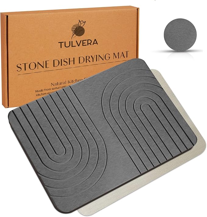 Stone Dish Drying Mat for Kitchen Counter – Diatomaceous Earth Drying Mat | by Tulvera