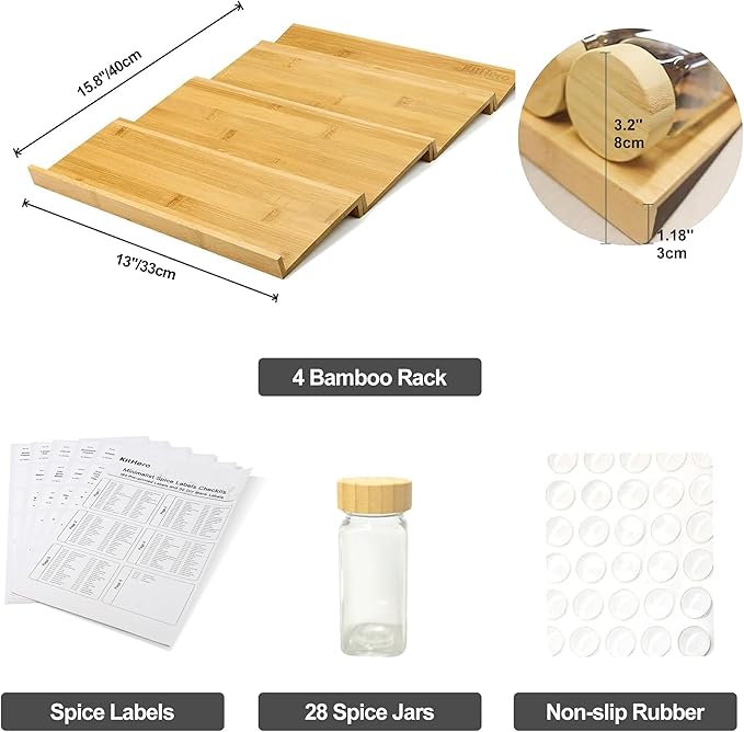Spice Drawer Organizer with 28 Bamboo-lidded Spice Jars and 216 Labels - Image 3