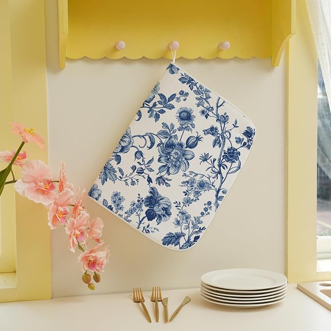 Vintage Blue Dish Drying Mat 18x24 Inch Chinoiserie Navy Blue Floral Drying Mat - Image 3