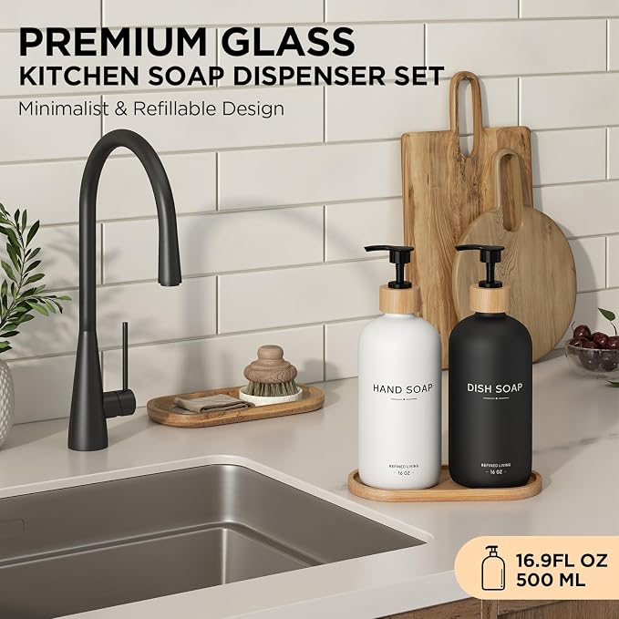 Hand and Dish Soap Dispenser Set, 16oz Glass Bottles - Image 2