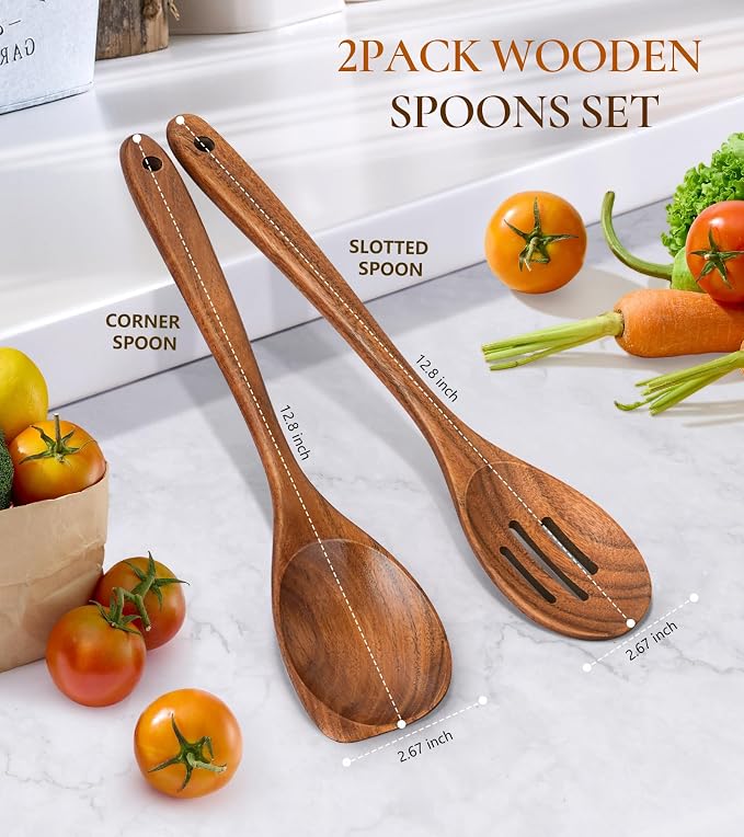2Pcs Wooden Spoons for Cooking, Natural Premium Teak Wood Corner Spoon & - Image 3