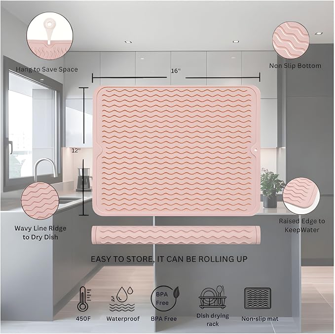 Silicone Drying Mat 16 × 12 – Pink Rose Non-Slip Sink Mat - Image 2