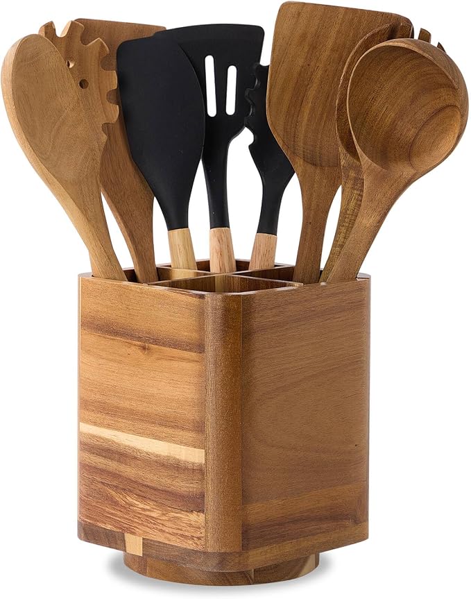 Wood Utensil Holder for Kitchen Counter, 360° Rotating Kitchen Utensil Holder by LOHONER