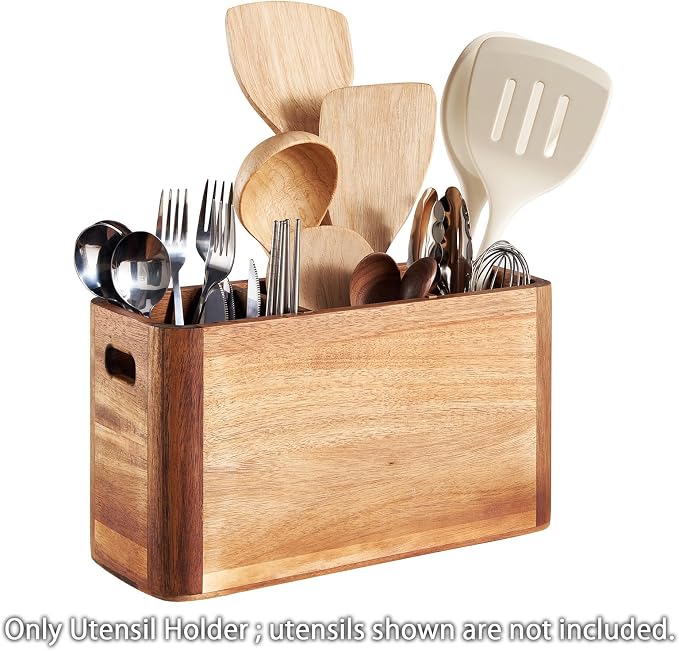12" Wooden Kitchen Utensil Holder, Extra Large Acacia Wood Organizer - Image 6