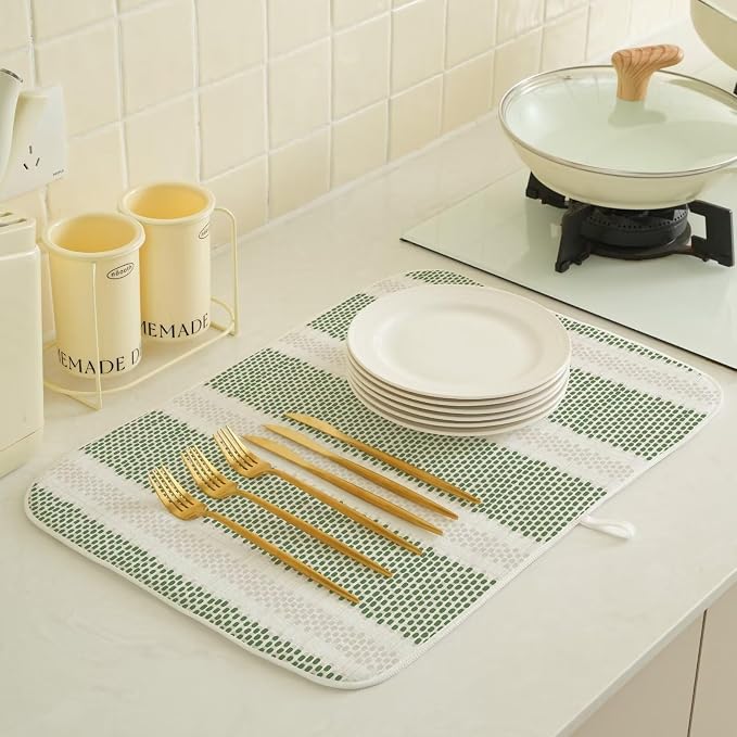 Boho Sage Green Dish Drying Mat 18 x 24 inch Modern Geometry Polka Dot Striped - Image 4