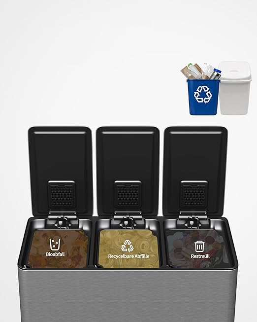 Garvee Triple Kitchen Trash Can, 3 x 4 Gal Stainless Steel Recycling Bin Combo - Image 6