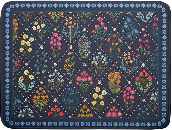 Lapis Blue Dish Drying Mat for Kitchen Counter Flowers Microfiber Absorbent by Giwawa