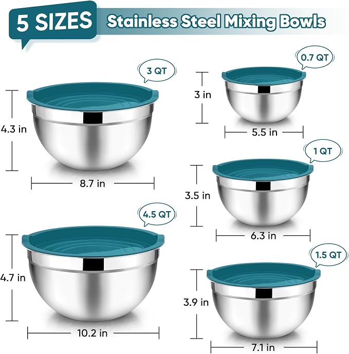 TeamFar Mixing Bowl Set of 5, Stainless Steel 4.5/3/1.5/1/0.7 QT Metal Nesting - Image 2