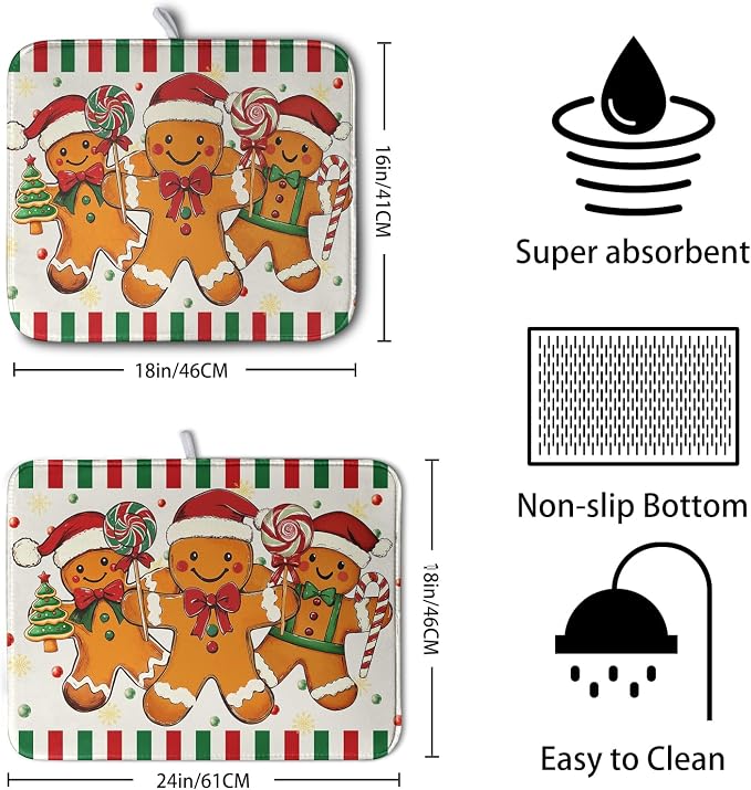 Christmas Dish Drying Mat Gingerbread Man Candy Cane Xmas Tree Drying Mats - Image 2
