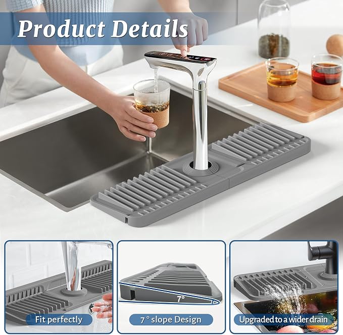 PoYang 17.7 inch Faucet Mat for Kitchen Sink Splash Guard, 7° Slope Silicone - Image 8