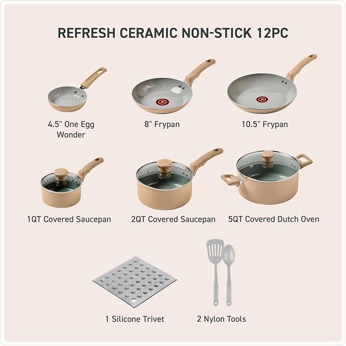 T-Fal Refresh Ceramic Nonstick Cookware Set, Oven Safe to 350°F, Includes - Image 2