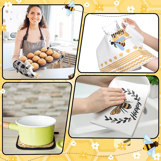 Fourluoo 10 Pcs Bee Kitchen Decor Set Honey Bee Dish Towels Rugs Oven Mitts and - Image 4