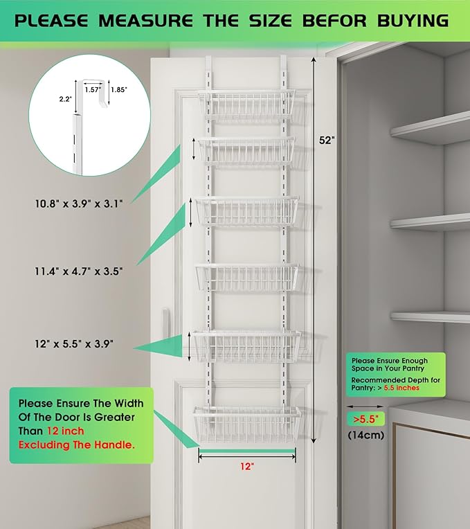 Mefirt 12 Inch Wide Narrow Over The Door Pantry Organizer, Pantry Organization - Image 2