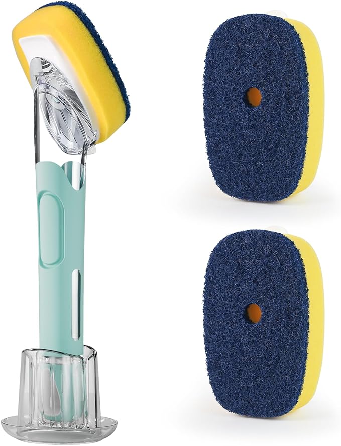 Dish Brush with Soap Dispenser Storage Set with 2 PCS Sponge Refills & Holder by RIMAY