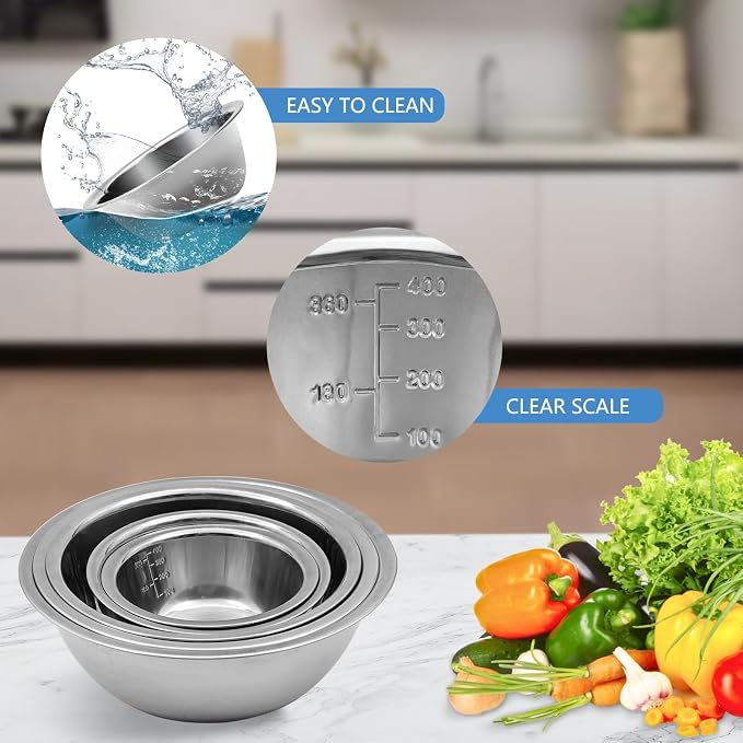 Mixing Bowl Set of 5, Stainless Steel Mixing Bowls, Nesting Whisking Bowl Set - Image 2