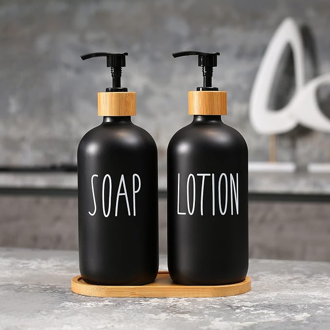 MOMEEMO Black Soap Dispenser Bathroom Set, Hand Soap and Lotion Set Suitable - Image 2