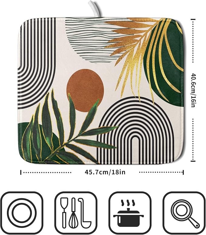 Boho Leaves Dish Drying Mat 16x18 inch Mid Century Absorbent Drainer Rack Mats - Image 2