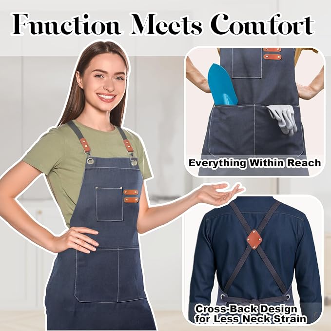 Plus Size Kitchen Apron for Men Women, Cross Back Cotton Canvas Chef Apron - Image 3