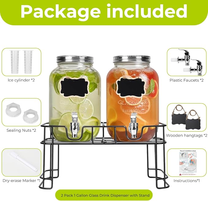 DHSBTLS 1 Gallon Glass Drink Dispensers, 2 Pack Clear Beverage Dispenser - Image 2