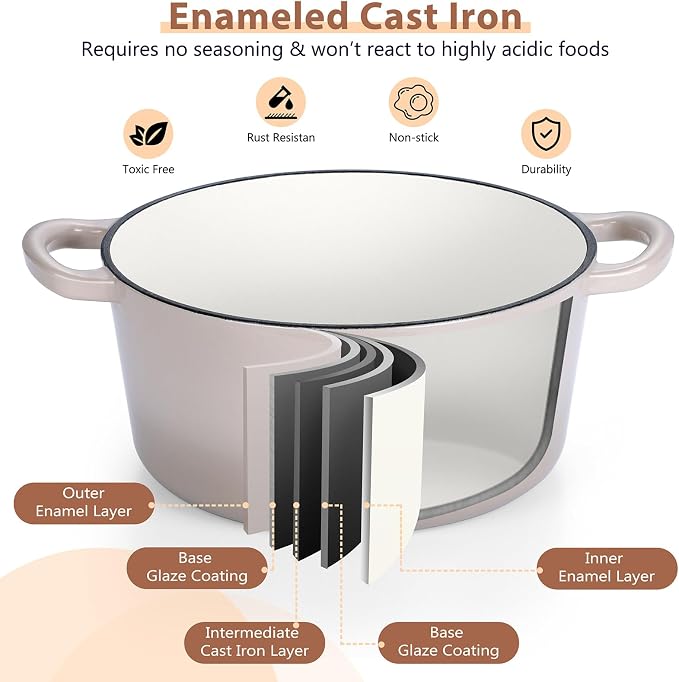 E-far 6 Quart Enameled Cast Iron Dutch Oven, Round Dutch Oven Pot - Image 3