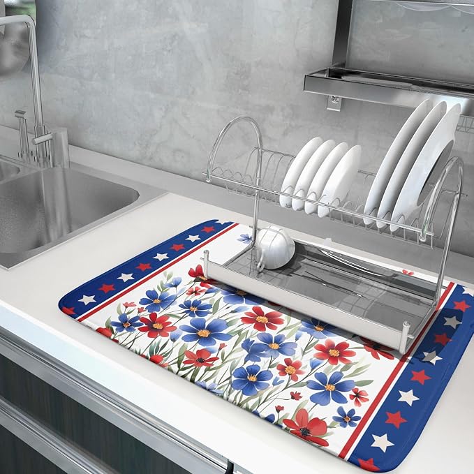 4th of July Dish Drying Mats for Kitchen Counter Summer Flowers Patriotic - Image 5