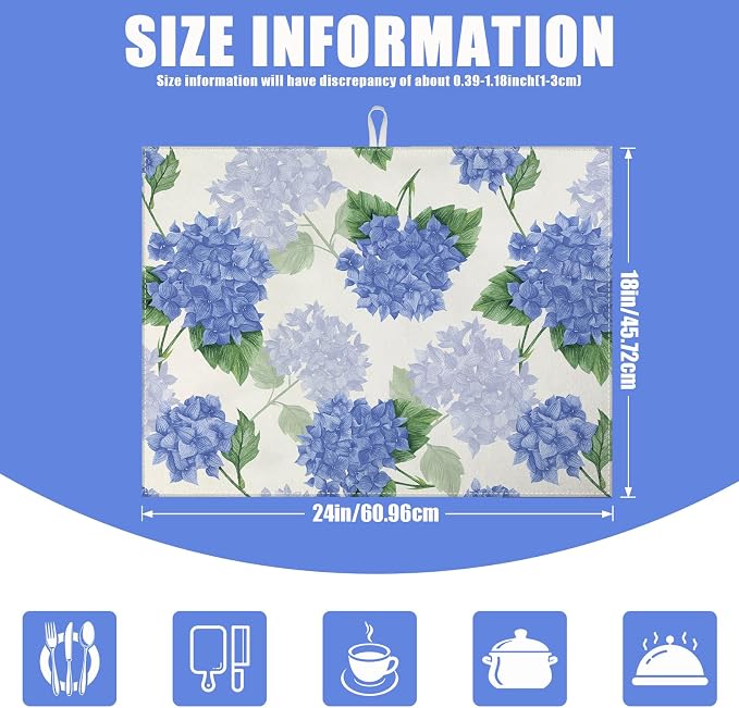 Blue Hydrangea Dish Drying Mat for Kitchen Counter Spring Floral Drying Pad - Image 2
