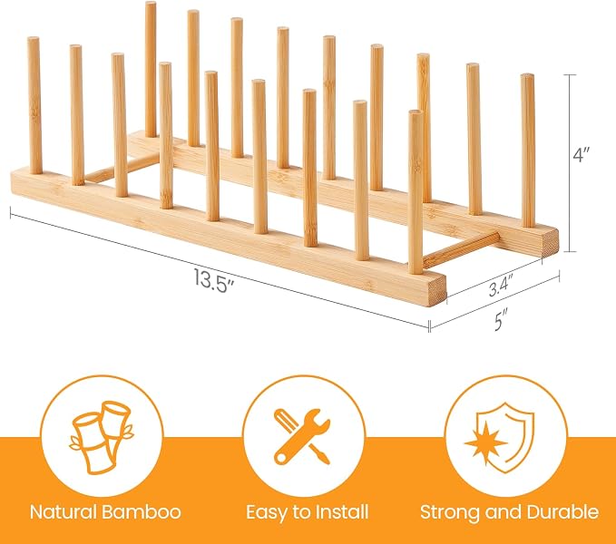 Bamboo Dish Drying Rack-2 PCS Pot Lid Plate Rack Organizer Holder - Image 3