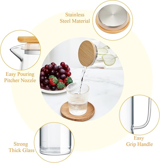 Hsei 2 Sets Glass Pitcher with Lid, 67.6 oz / 2000 ml Water Carafe with Handles - Image 4
