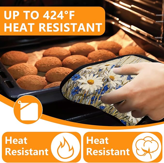 Daisy Flowers Oven Mitts and Pot Holders Sets 4Pcs, Extra Long Oven Gloves - Image 4