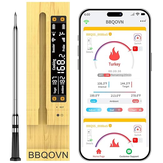 BBQOVN WiFi Sub-1G Wireless Meat Thermometer Unlimited Range 7 NIST Certified by BBQOVN