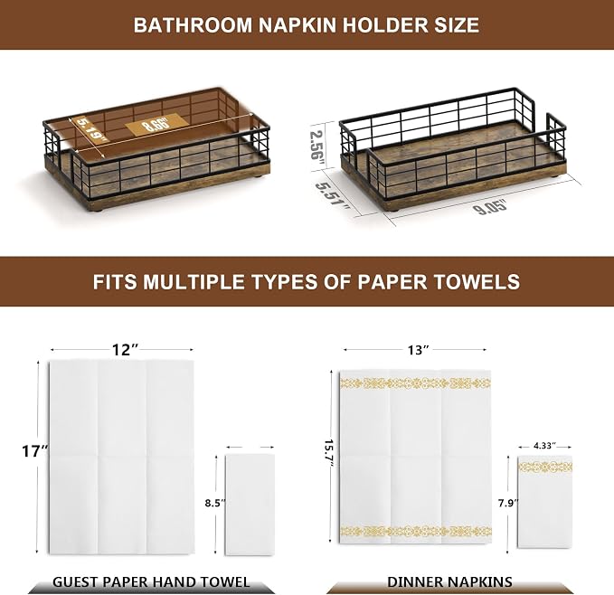 Wican Guest Towel Holder Tray for Bathroom, Wood and Iron Napkins Holder for - Image 2