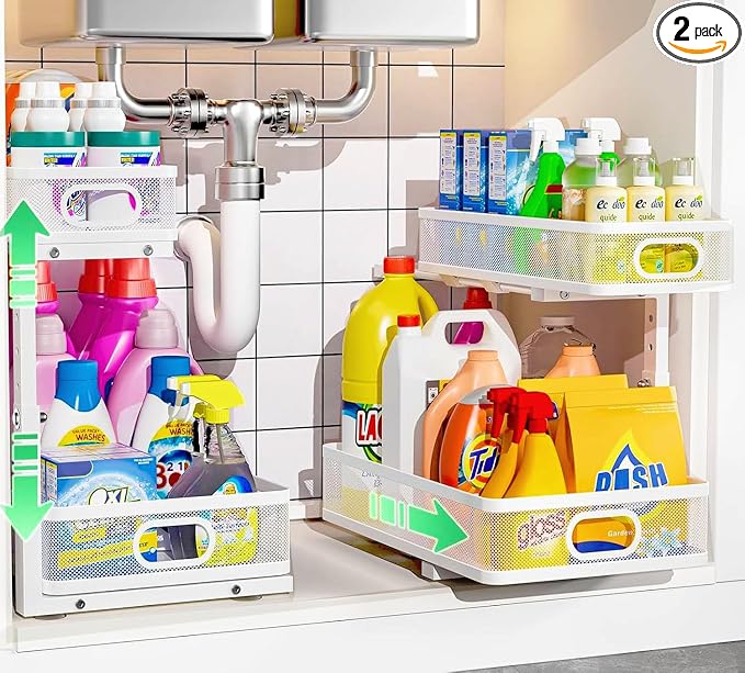 Under Sink Organizer 2 Pack, High Adjustable 2 Tier Under Sink Organizers and by Dolesman
