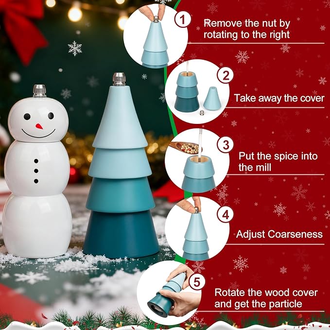 Christmas Salt and Pepper Grinder Set, Snowman & Tree Refillable Salt and - Image 4