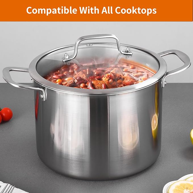DELARLO Tri-Ply Stainless Steel 8 Quart Stock Pot, Heavy-Duty, All Stove - Image 7