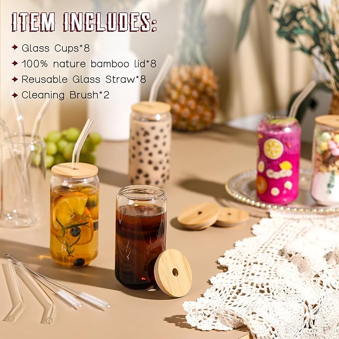 NETANY Drinking Glasses with Bamboo Lids and Glass Straw - 16oz Glass Cups - Image 2