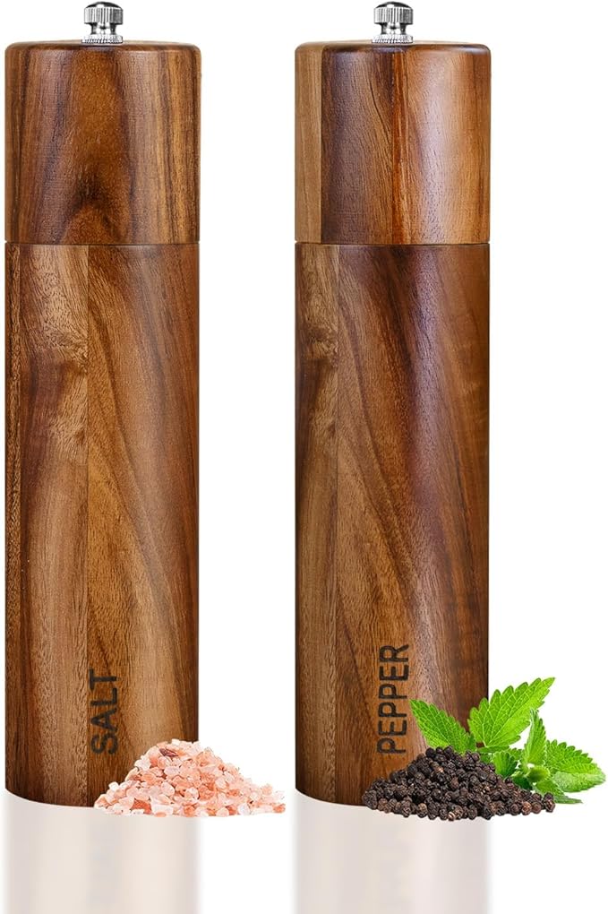 XWXO 2 Pack Acacia Wooden Salt and Pepper Grinder Set 8 Inches Refillable Salt by XWXO