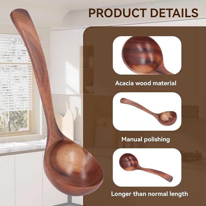Wooden Ladle, 7.87inch Soup Ladle Wooden Serving Spoon Soup Spoon Ladle - Image 2
