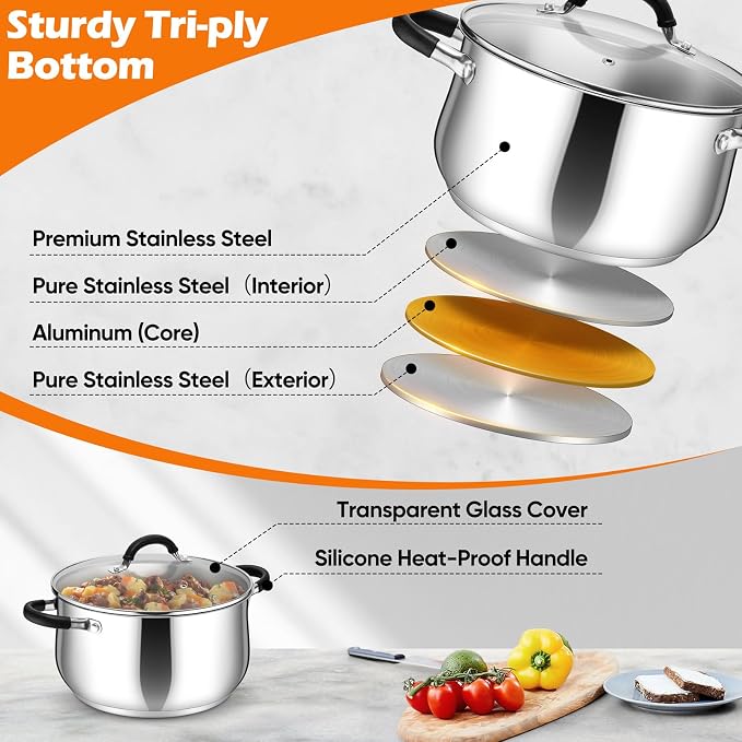 P&P CHEF Stainless Steel Stock Pot, 8 Qt Cooking Soup Pot - Image 3