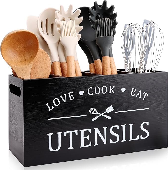 Black Farmhouse Utensil Holder for Kitchen Counter Extra Large Cooking Utensil by Renawe