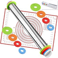 Rolling Pin with Adjustable Thickness Rings and Silicone Baking Pastry Mat Set by Unknown
