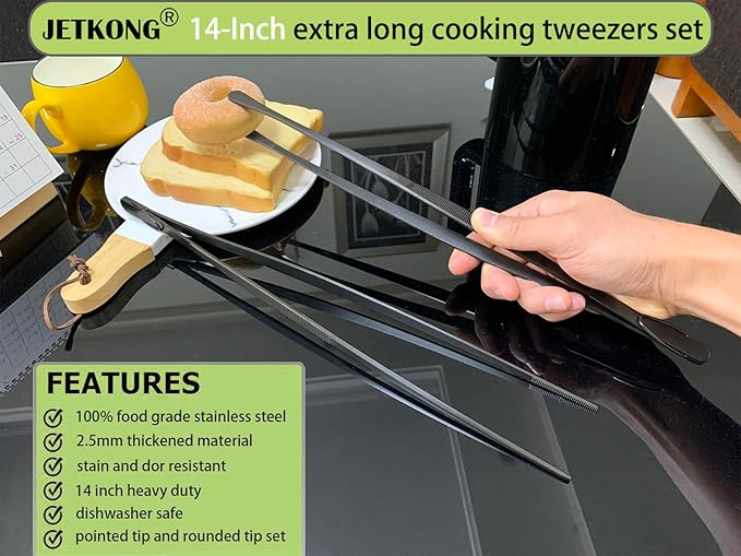 JETKONG 2 Pcs 14-Inch Food Tweezer Tongs Extra Long Stainless Steel Kitchen - Image 3