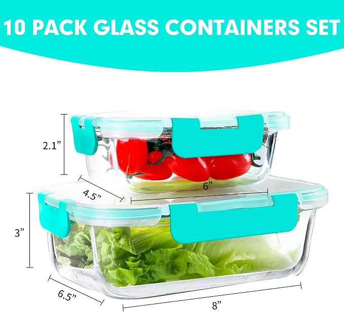 VERONES 10Pack Glass Meal Prep Containers, Airtight Glass Lunch Containers - Image 2