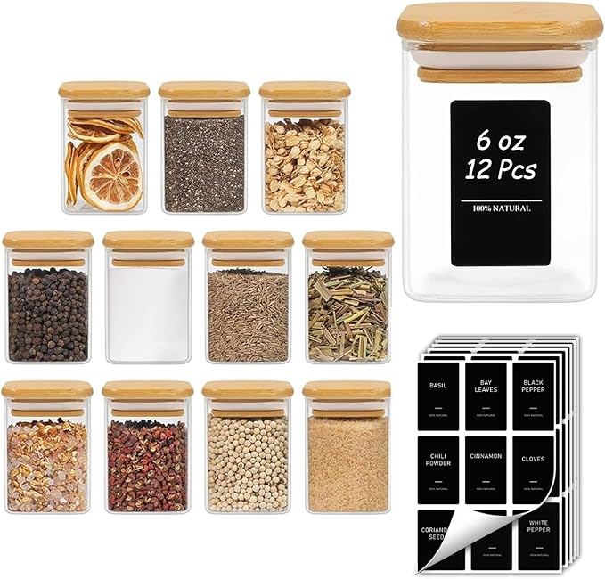 ComSaf Spice Jars with Labels 6 oz 12Pack, Small Spice Containers Starter Set by ComSaf