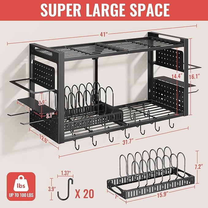 31 Inch Pot Rack Wall Mounted，3 in 1 Pots and Pans Organizer - Image 2