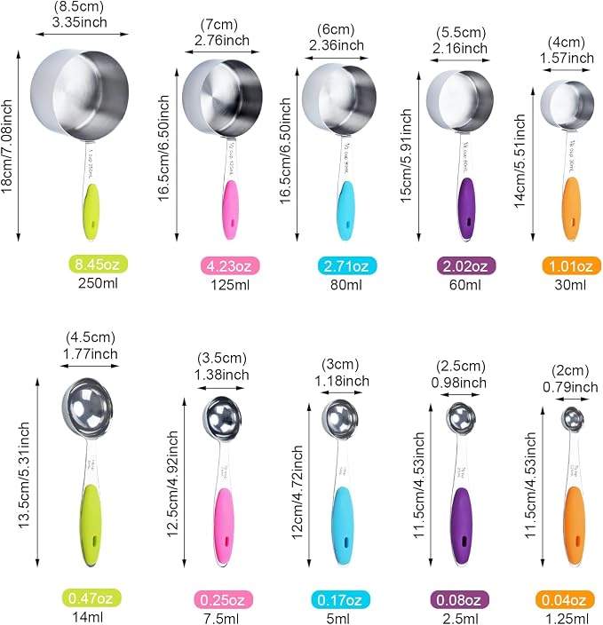Measuring Cups and Spoons Set of 10 Piece, 18/8 Stainless Steel Nesting - Image 2