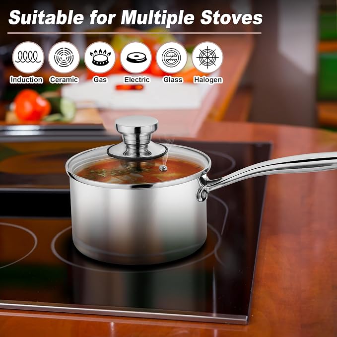 P&P CHEF 1 & 2 Quarts Tri-Ply Stockpot and Saucepan, Stainless Steel Sauce Pan - Image 5