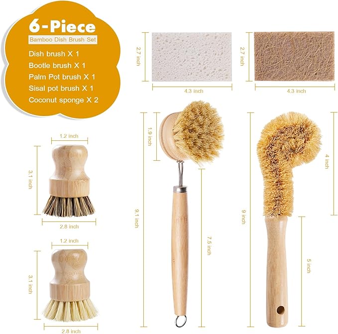 DEBETOOL 6 Piece Bamboo Dish Brush Set - Image 2