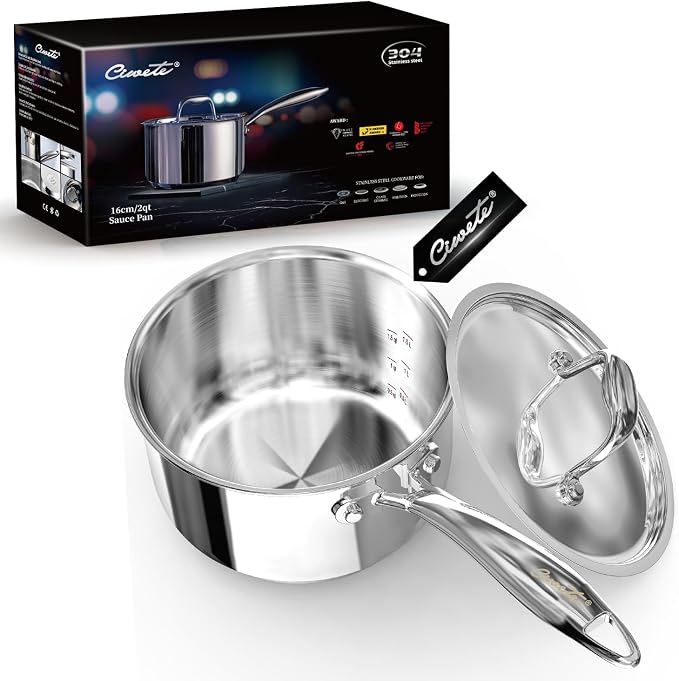 Ciwete 2 Quart Sauce Pan with Lid, Tri Ply Stainless Steel Saucepan 2 Qt with by Ciwete